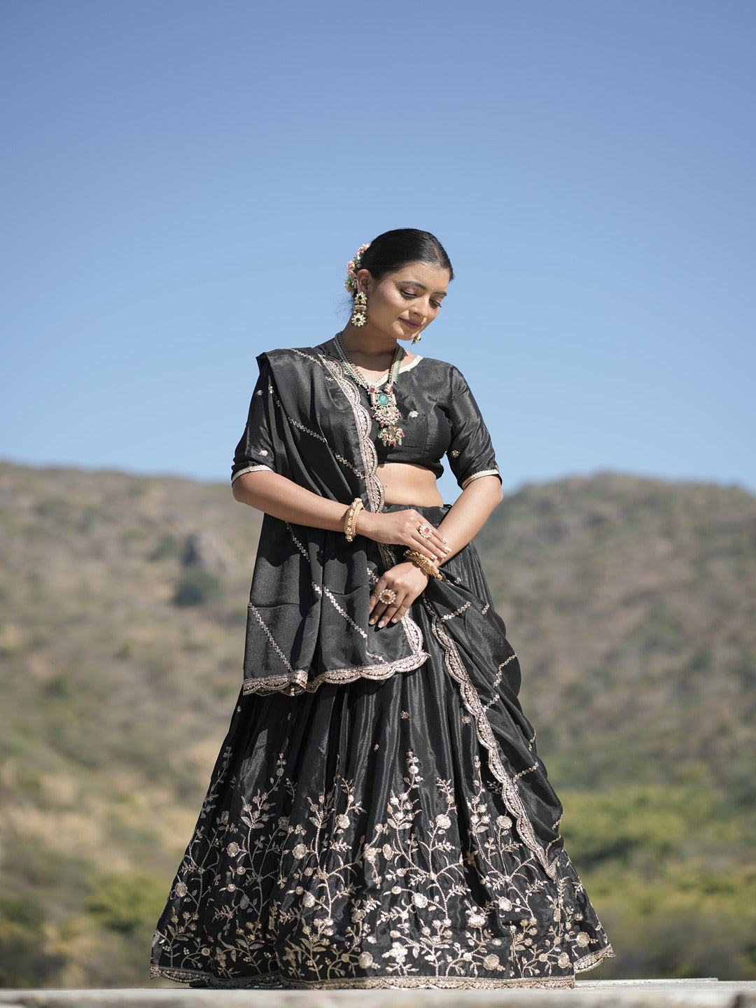 Classic Heavy Chinon Embroidered Lehenga Set with Zari & Sequins Work