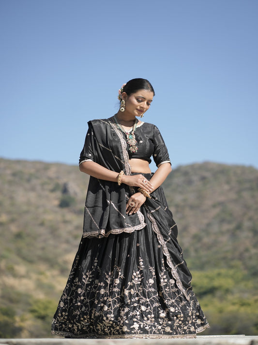 Classic Heavy Chinon Embroidered Lehenga Set with Zari & Sequins Work