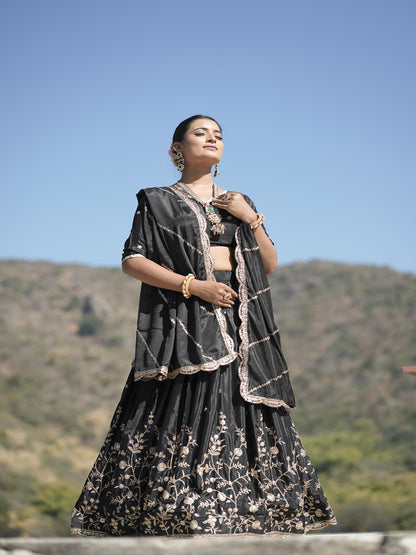 Classic Heavy Chinon Embroidered Lehenga Set with Zari & Sequins Work