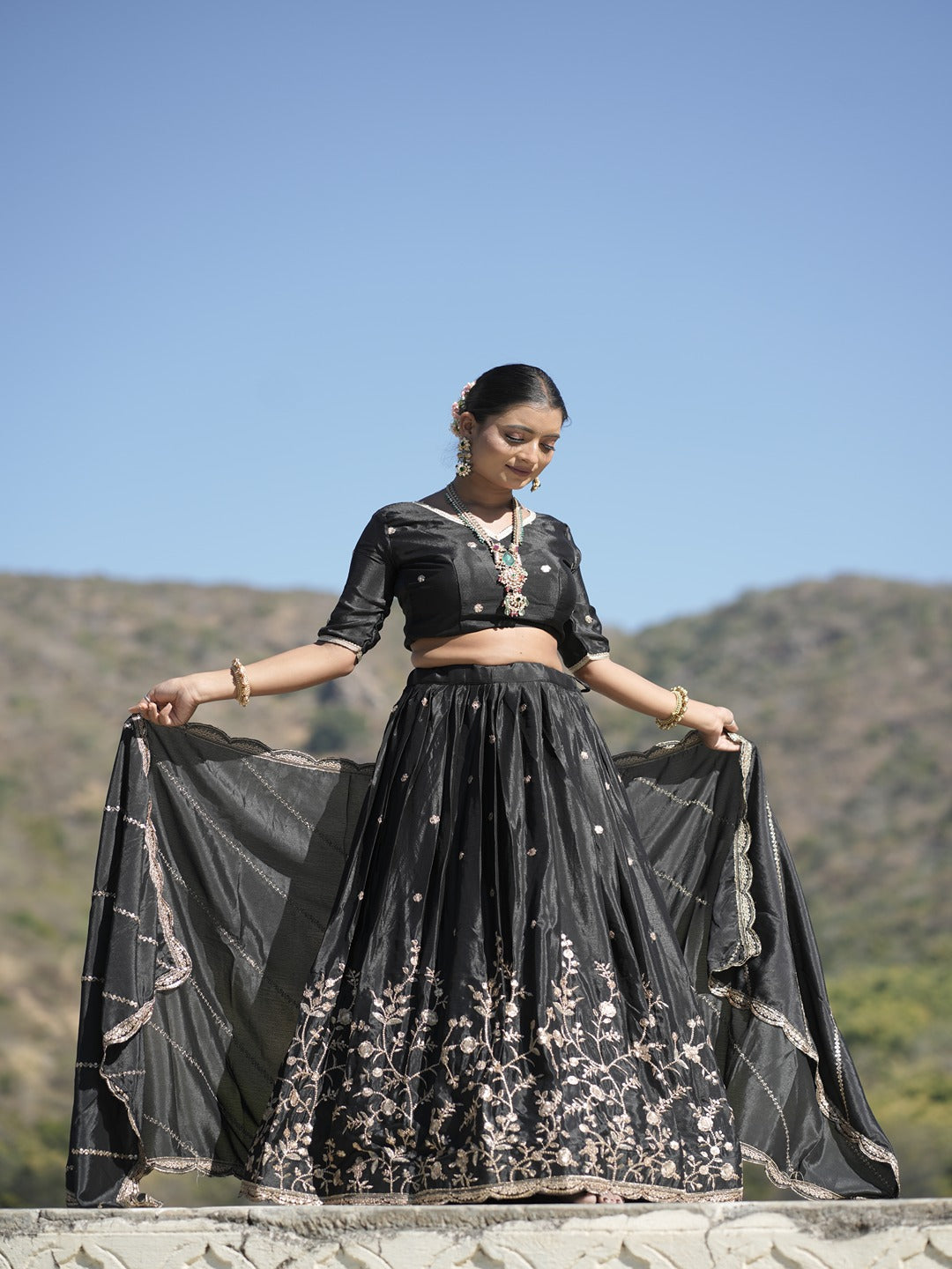 Classic Heavy Chinon Embroidered Lehenga Set with Zari & Sequins Work