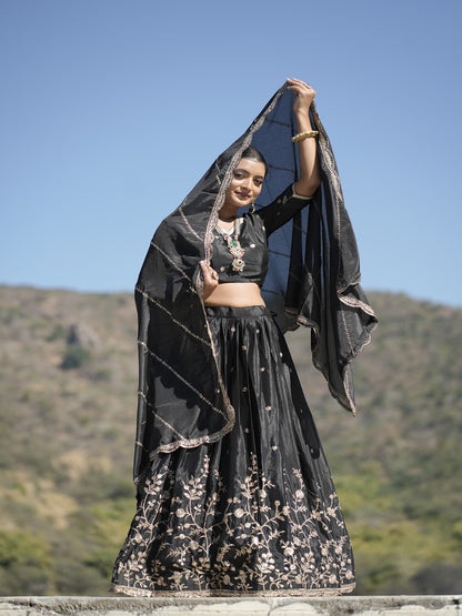 Classic Heavy Chinon Embroidered Lehenga Set with Zari & Sequins Work