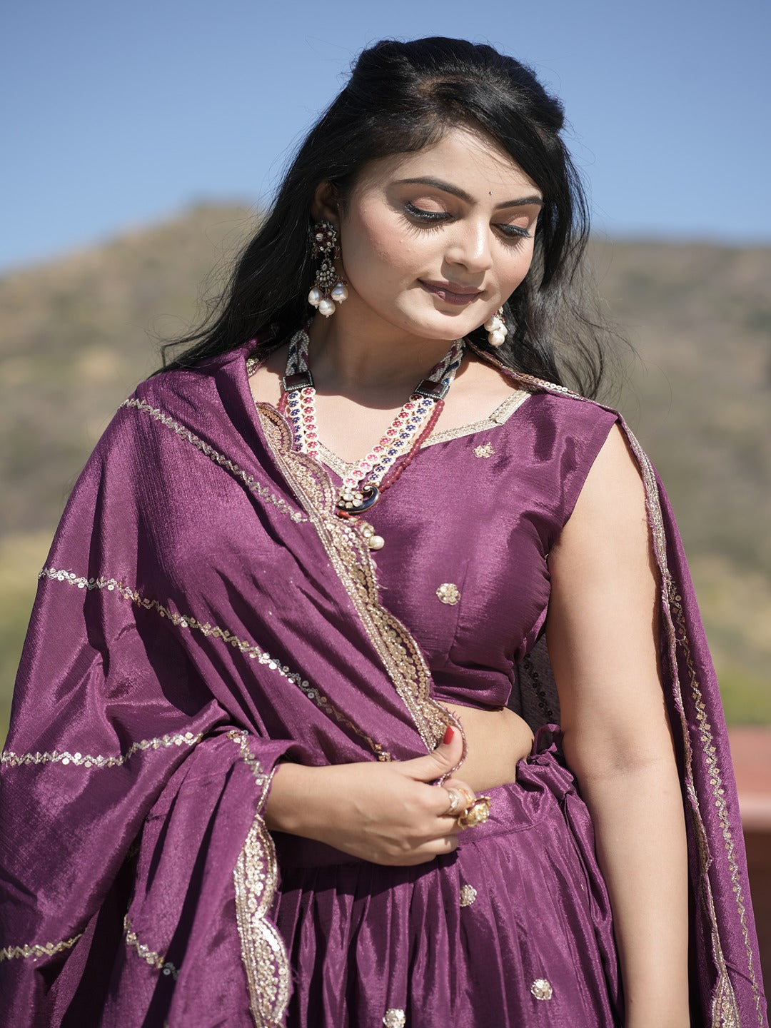 Classic Heavy Chinon Embroidered Lehenga Set with Zari & Sequins Work