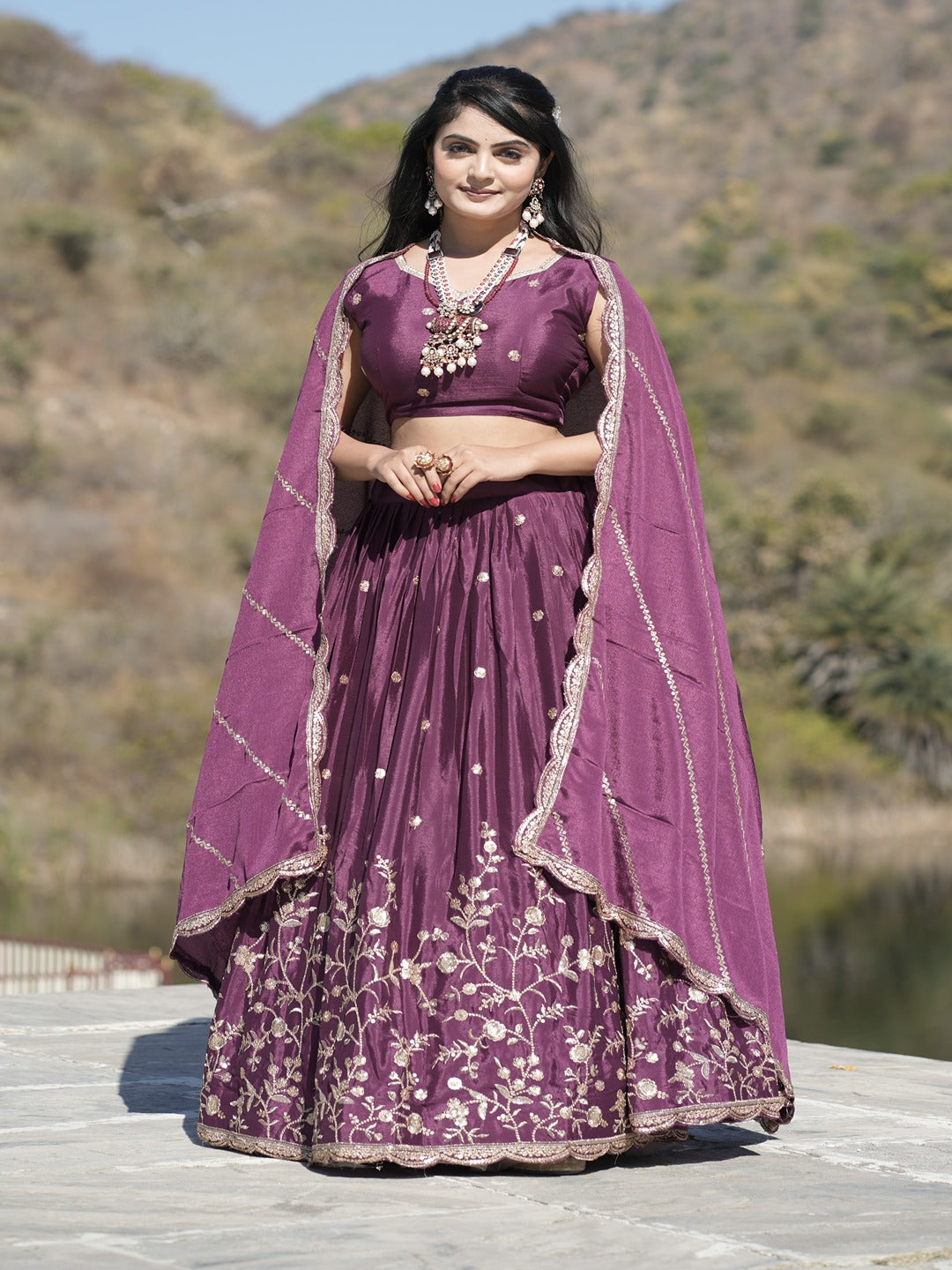 Classic Heavy Chinon Embroidered Lehenga Set with Zari & Sequins Work