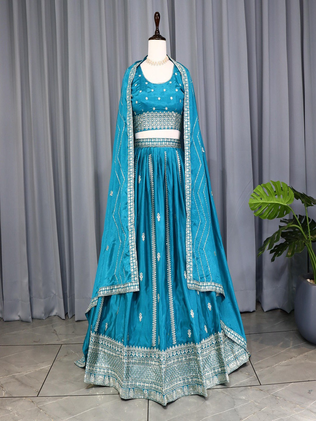 Classic Heavy Chinon Embroidered Lehenga Set with Silver Zari & Sequins Work