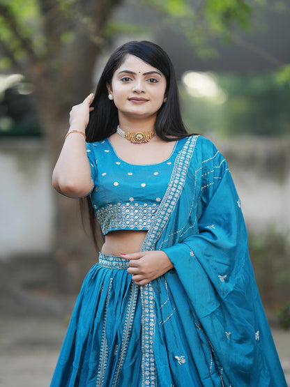 Classic Heavy Chinon Embroidered Lehenga Set with Silver Zari & Sequins Work