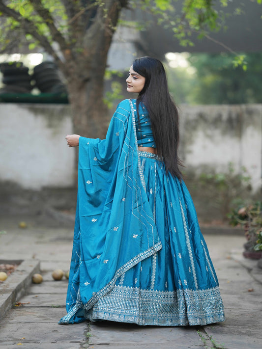 Classic Heavy Chinon Embroidered Lehenga Set with Silver Zari & Sequins Work