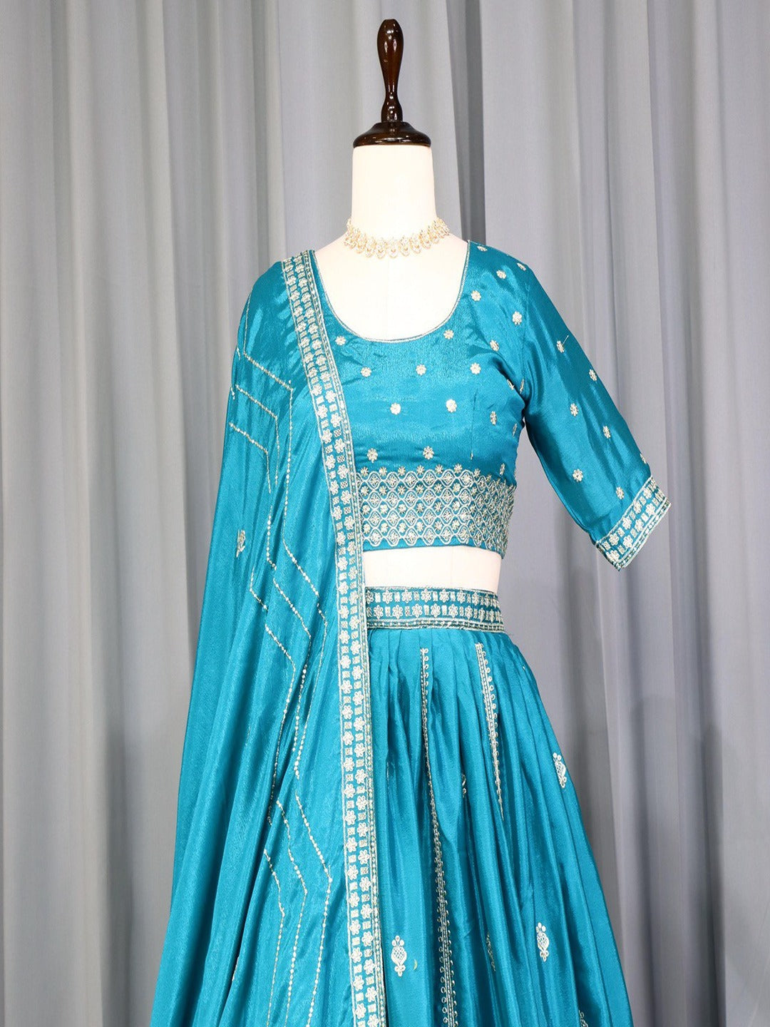 Classic Heavy Chinon Embroidered Lehenga Set with Silver Zari & Sequins Work