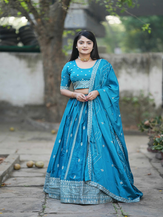 Classic Heavy Chinon Embroidered Lehenga Set with Silver Zari & Sequins Work