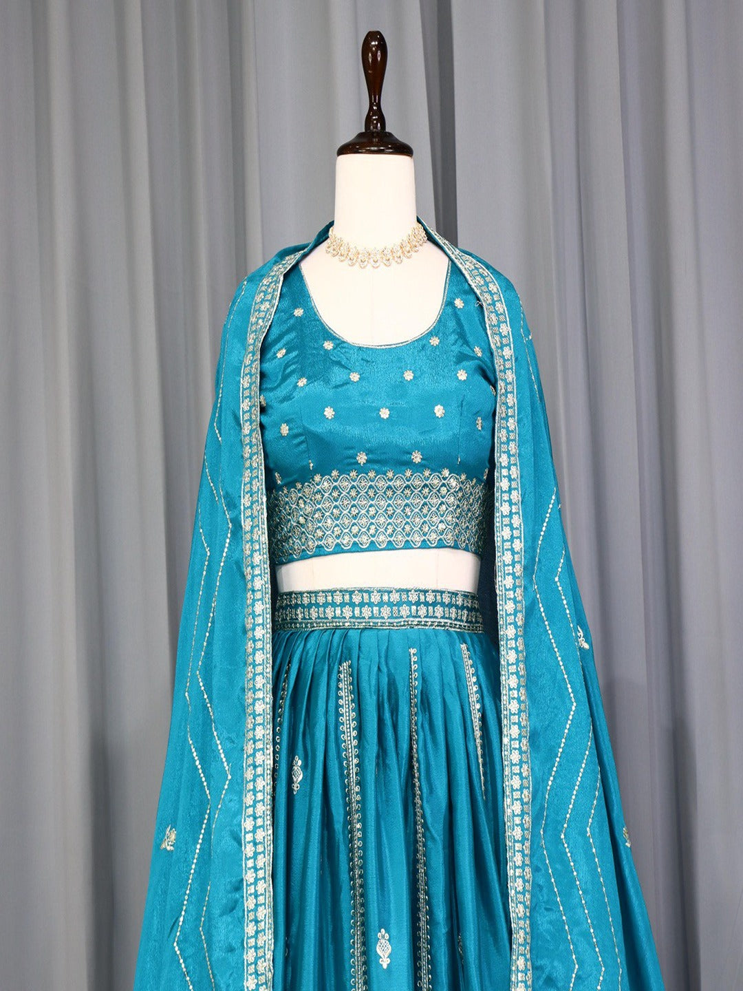 Classic Heavy Chinon Embroidered Lehenga Set with Silver Zari & Sequins Work