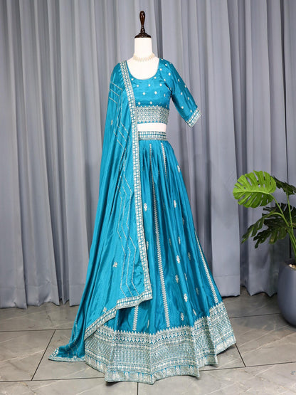 Classic Heavy Chinon Embroidered Lehenga Set with Silver Zari & Sequins Work