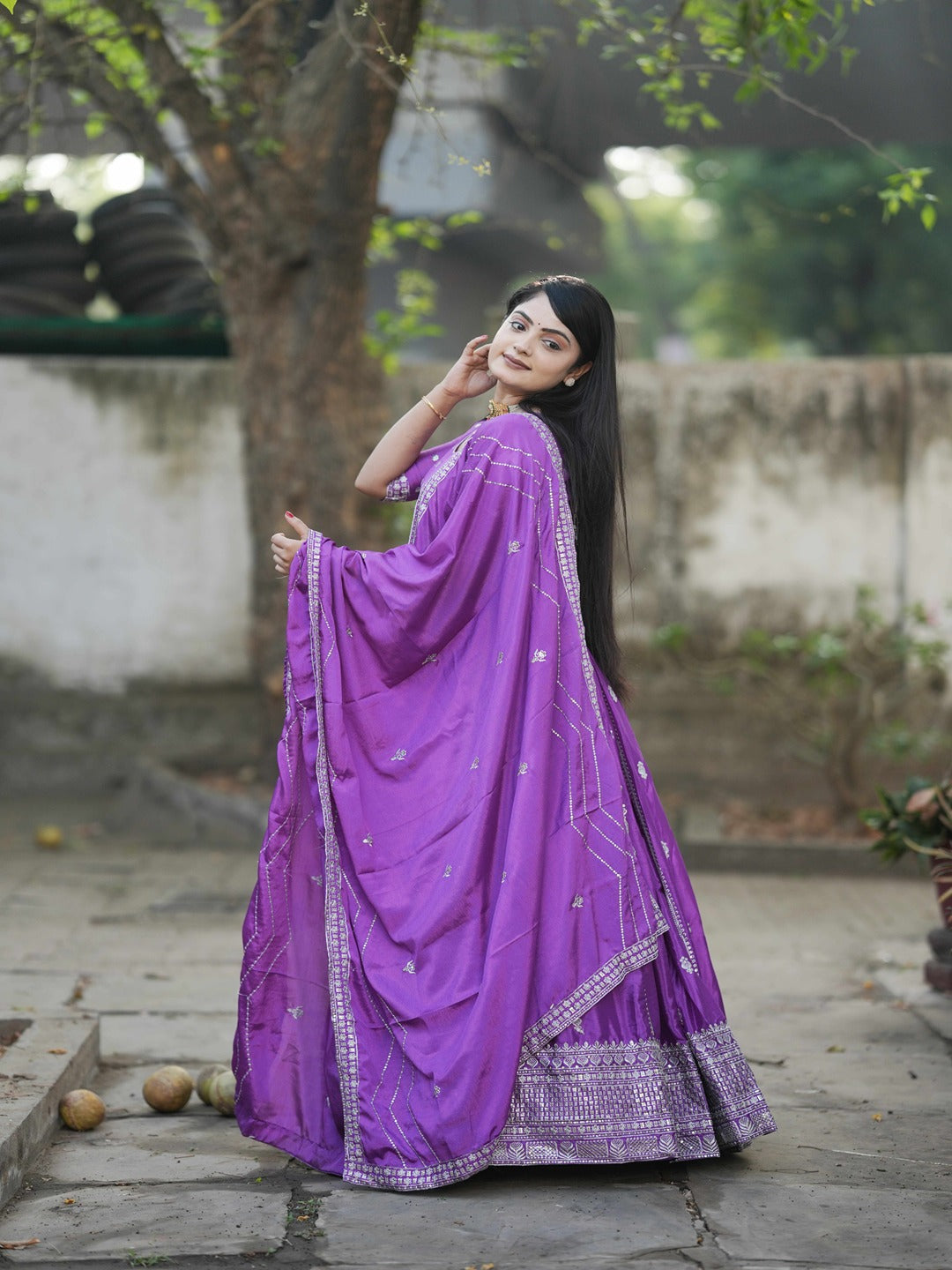 Classic Heavy Chinon Embroidered Lehenga Set with Silver Zari & Sequins Work