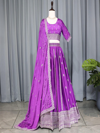 Classic Heavy Chinon Embroidered Lehenga Set with Silver Zari & Sequins Work