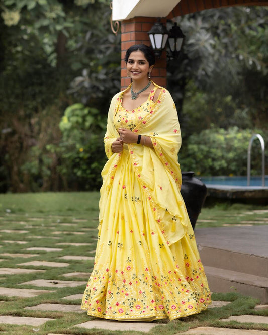 Classic Yellow Embroidered Chinon Slub Lehenga Set with Sequins Work