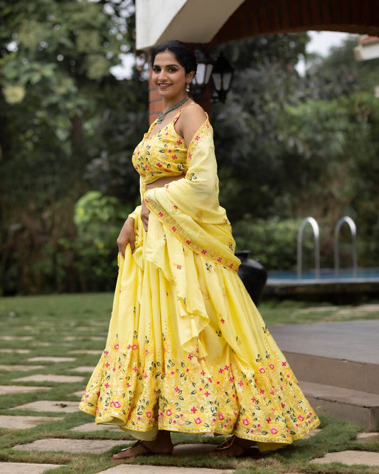 Classic Yellow Embroidered Chinon Slub Lehenga Set with Sequins Work