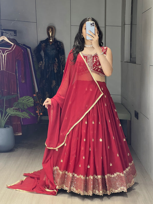 Classic Red Embroidered Heavy Georgette Lehenga Set with Fully Stitched Blouse