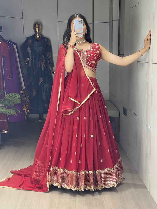 Classic Red Embroidered Heavy Georgette Lehenga Set with Fully Stitched Blouse