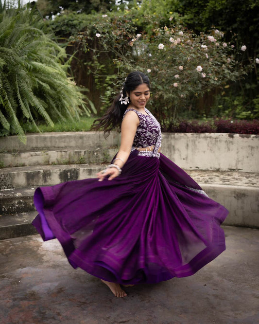Deep Purple Fendy Satin Silk Lehenga Set with Embroidered Belt & Heavy Dupatta