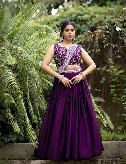 Deep Purple Fendy Satin Silk Lehenga Set with Embroidered Belt & Heavy Dupatta