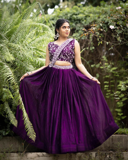 Deep Purple Fendy Satin Silk Lehenga Set with Embroidered Belt & Heavy Dupatta