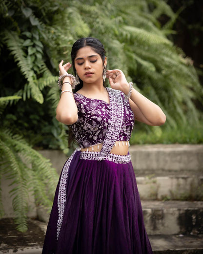 Deep Purple Fendy Satin Silk Lehenga Set with Embroidered Belt & Heavy Dupatta