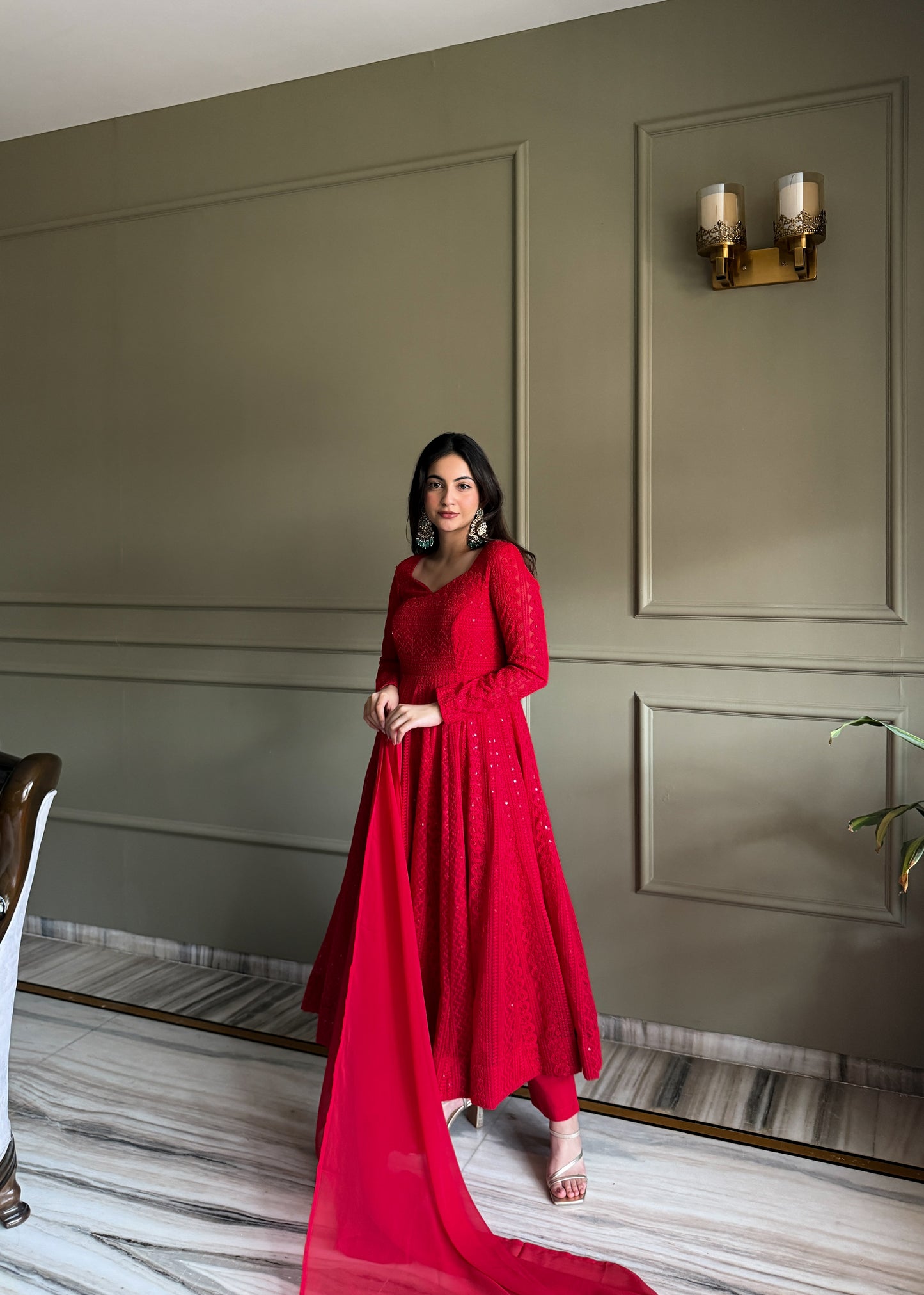 Red Anarkali Gown with Sparkling Details