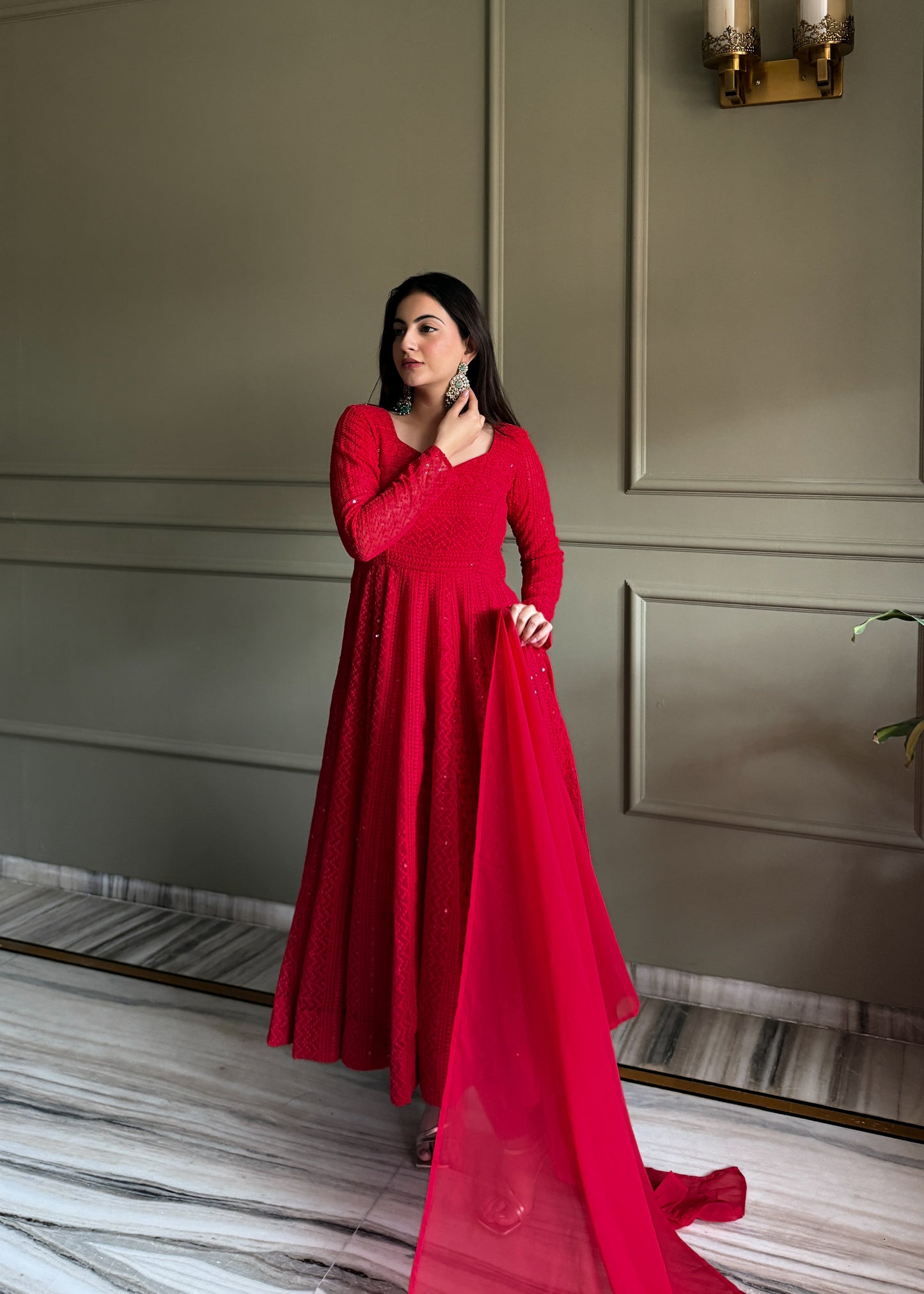 Red Anarkali Gown with Sparkling Details