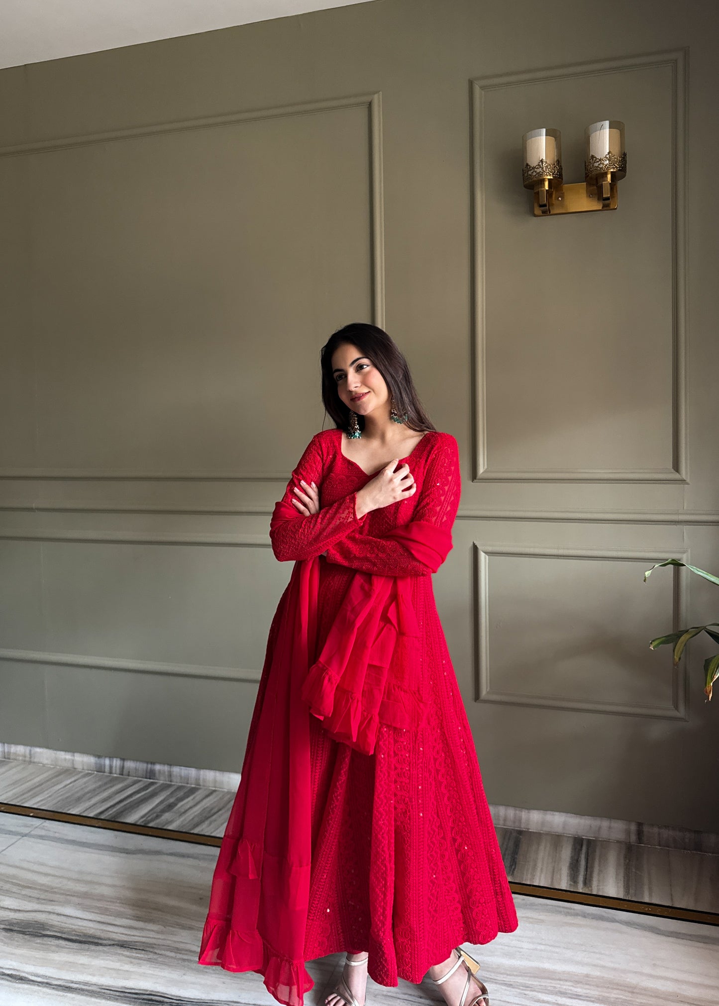 Red Anarkali Gown with Sparkling Details