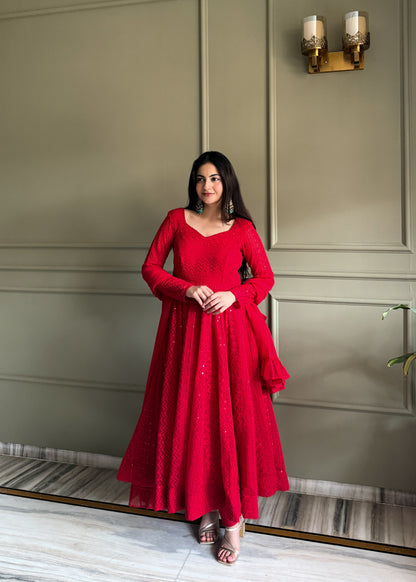 Red Anarkali Gown with Sparkling Details