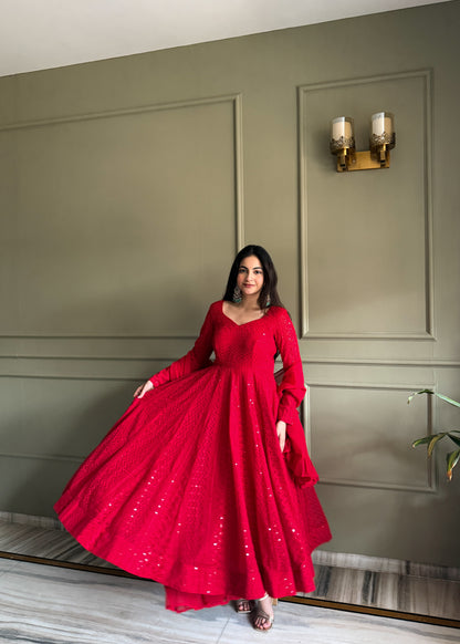 Red Anarkali Gown with Sparkling Details
