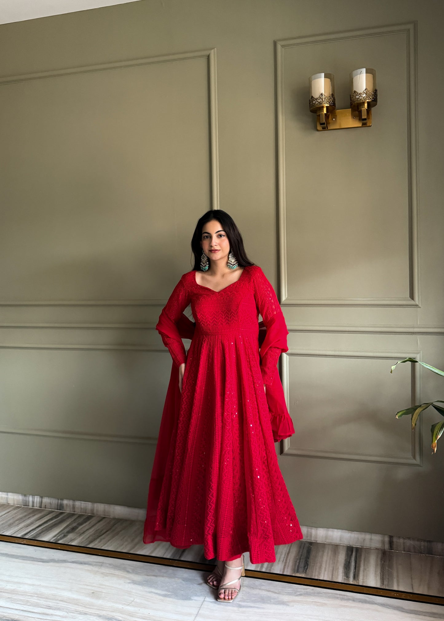 Red Anarkali Gown with Sparkling Details