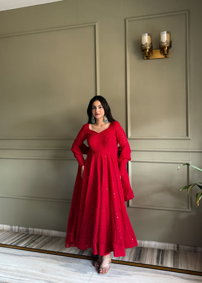 Red Anarkali Gown with Sparkling Details