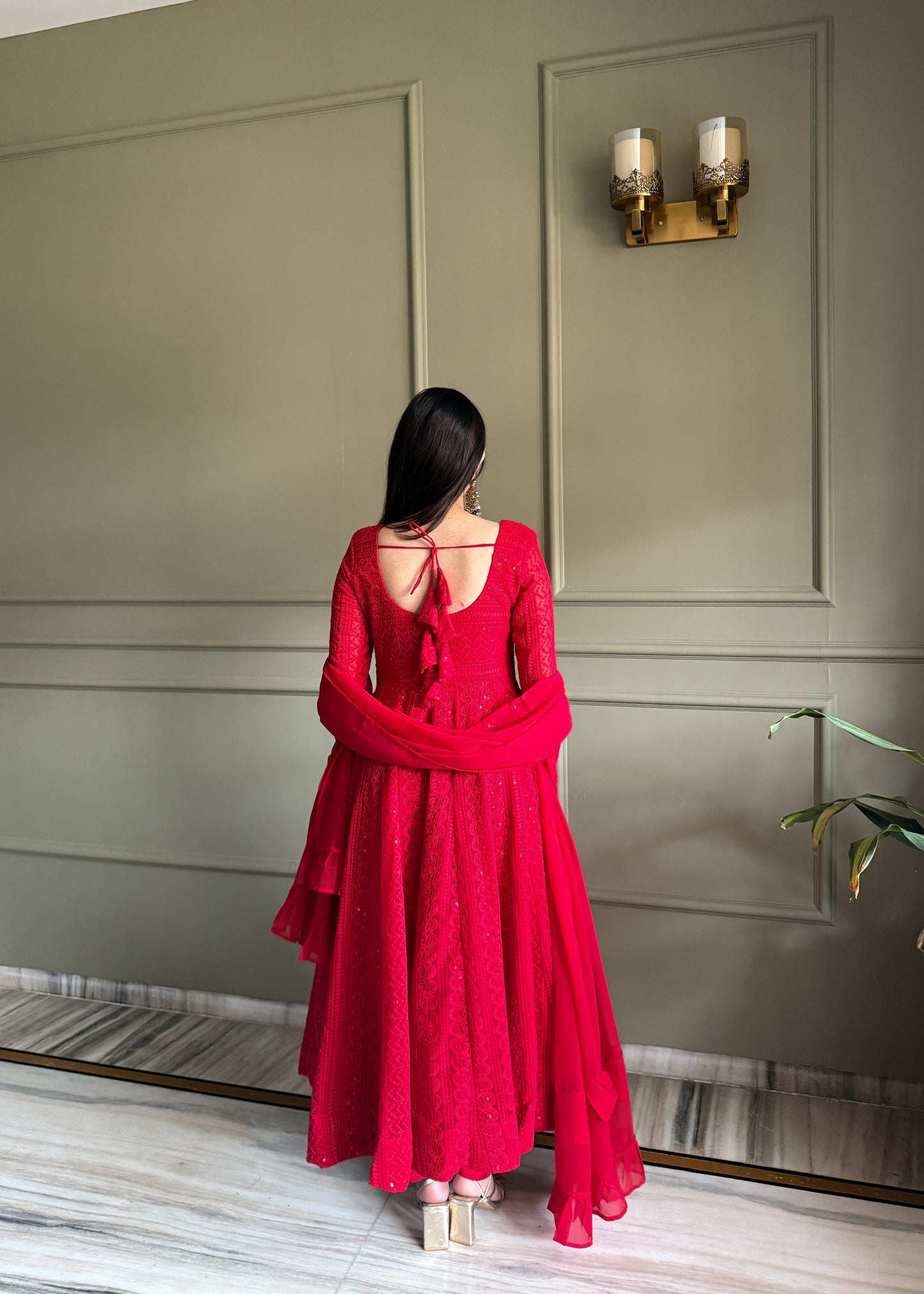 Red Anarkali Gown with Sparkling Details