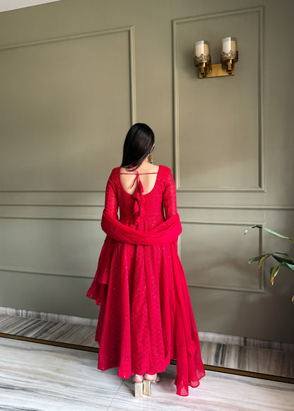 Red Anarkali Gown with Sparkling Details