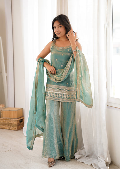 Sea Green Fendy Silk Sharara Set With Gold Zari Embroidered Kurta And Dupatta