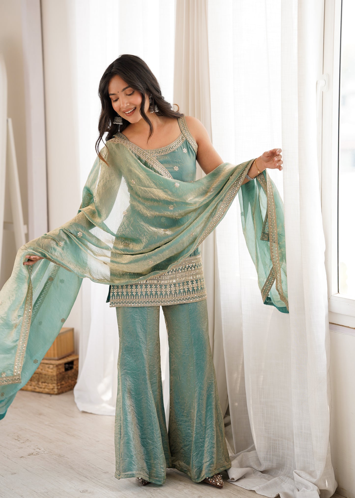 Sea Green Fendy Silk Sharara Set With Gold Zari Embroidered Kurta And Dupatta