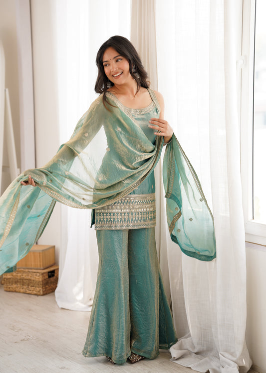 Sea Green Fendy Silk Sharara Set With Gold Zari Embroidered Kurta And Dupatta