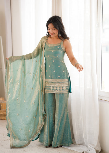 Sea Green Fendy Silk Sharara Set With Gold Zari Embroidered Kurta And Dupatta