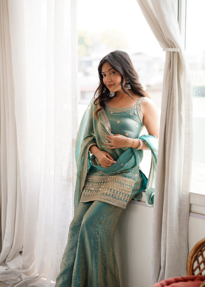 Sea Green Fendy Silk Sharara Set With Gold Zari Embroidered Kurta And Dupatta