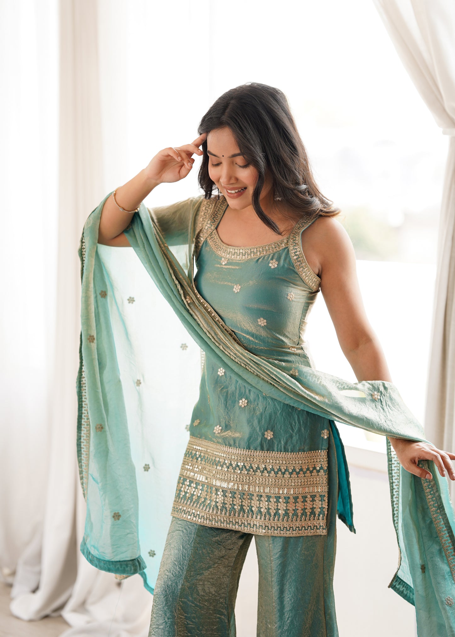 Sea Green Fendy Silk Sharara Set With Gold Zari Embroidered Kurta And Dupatta