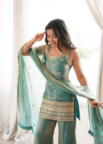 Sea Green Fendy Silk Sharara Set With Gold Zari Embroidered Kurta And Dupatta