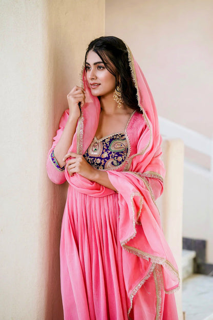 Designer Heavy Crunchy Silk Embroidered Gown Set with Pant & Dupatta