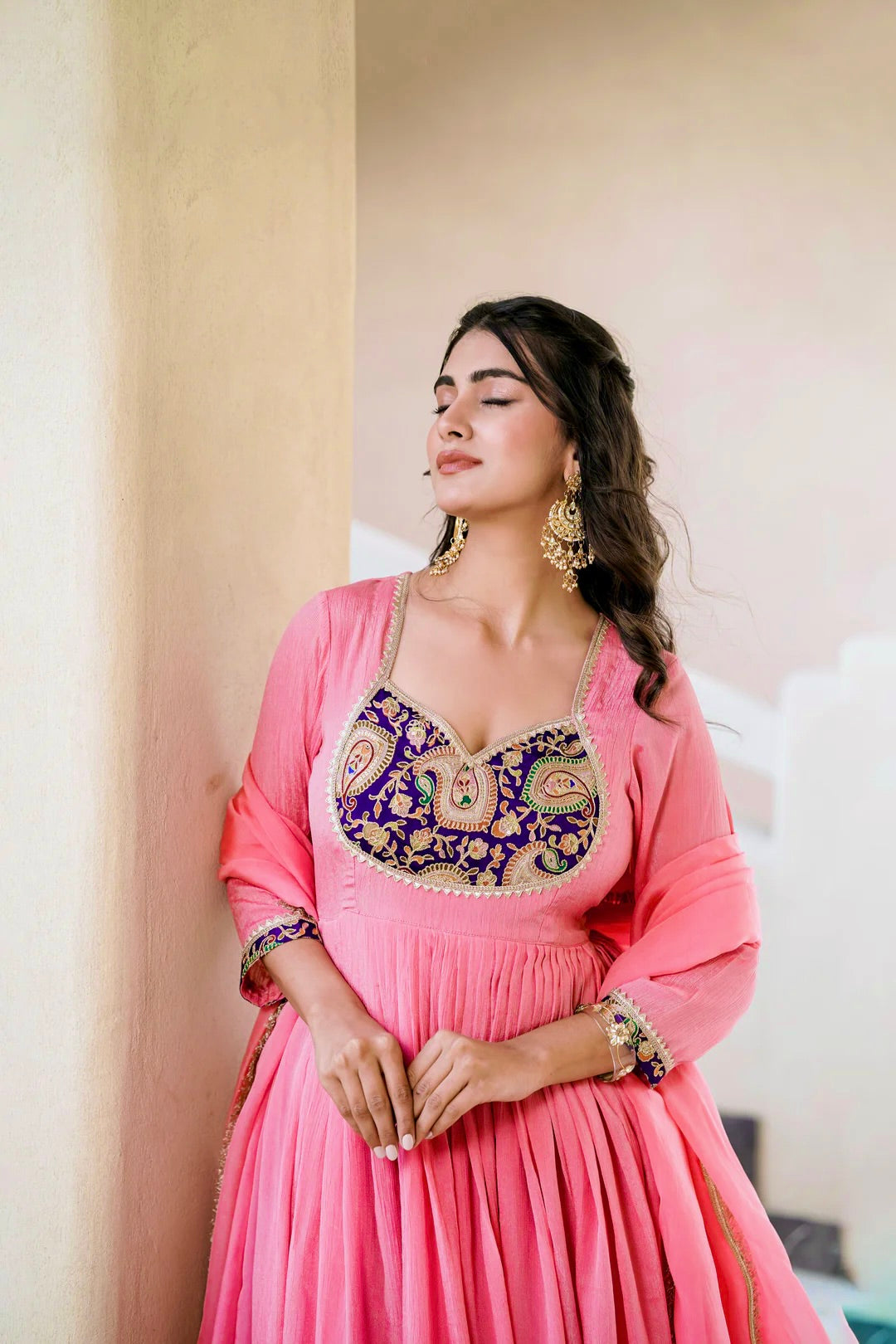 Designer Heavy Crunchy Silk Embroidered Gown Set with Pant & Dupatta