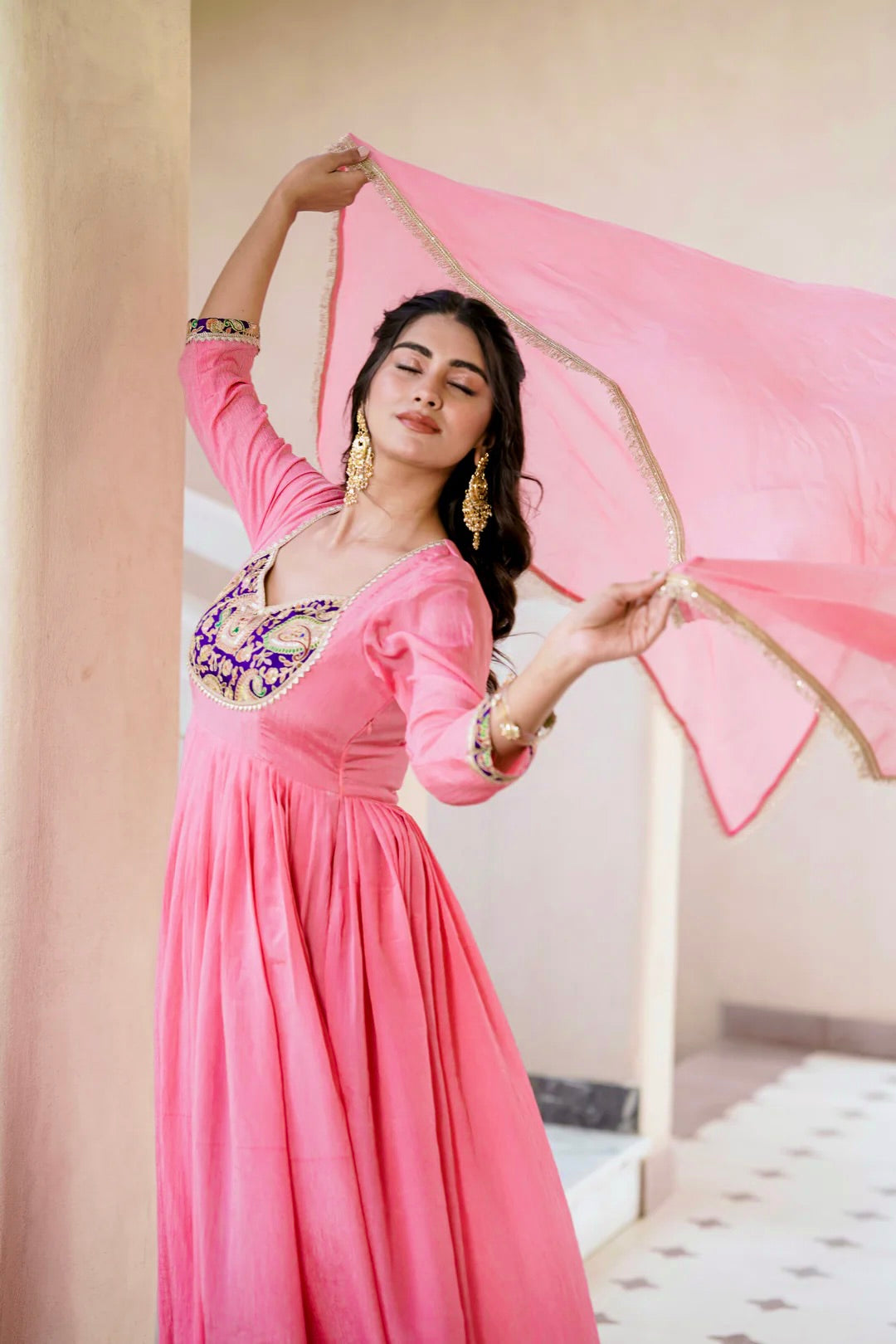 Designer Heavy Crunchy Silk Embroidered Gown Set with Pant & Dupatta