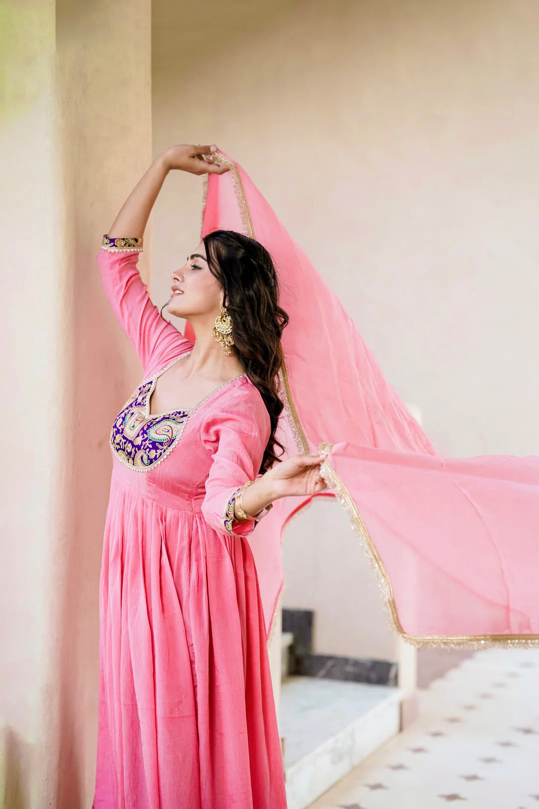 Designer Heavy Crunchy Silk Embroidered Gown Set with Pant & Dupatta