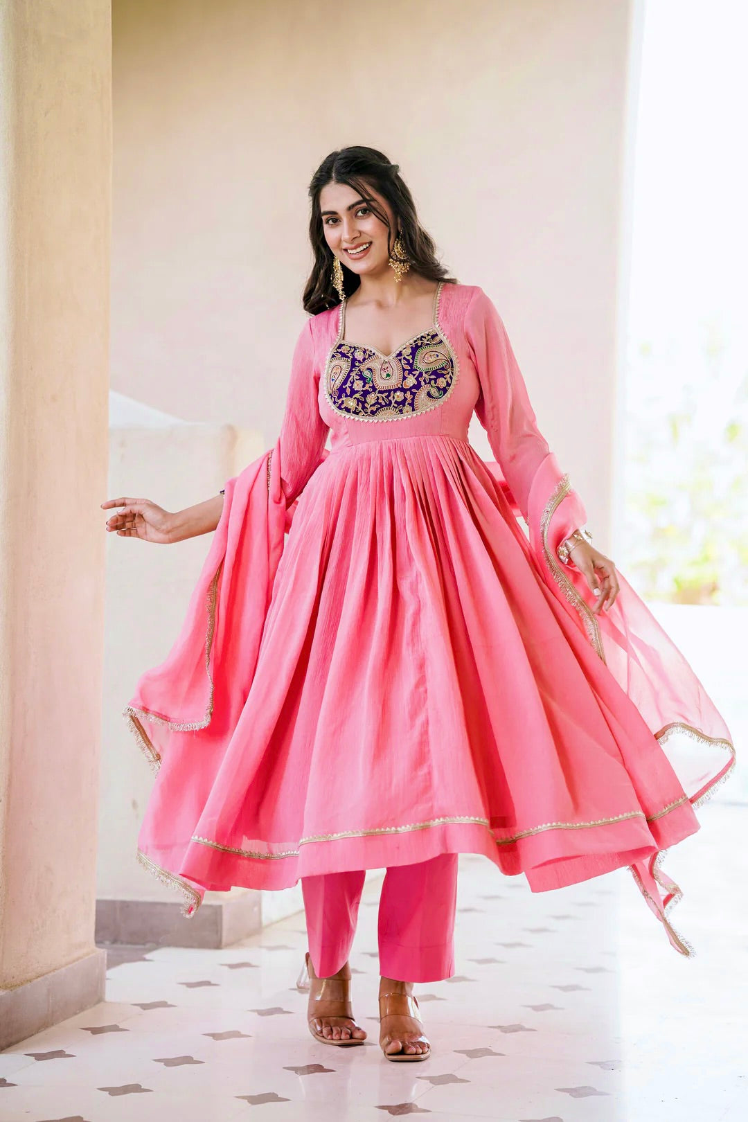 Designer Heavy Crunchy Silk Embroidered Gown Set with Pant & Dupatta