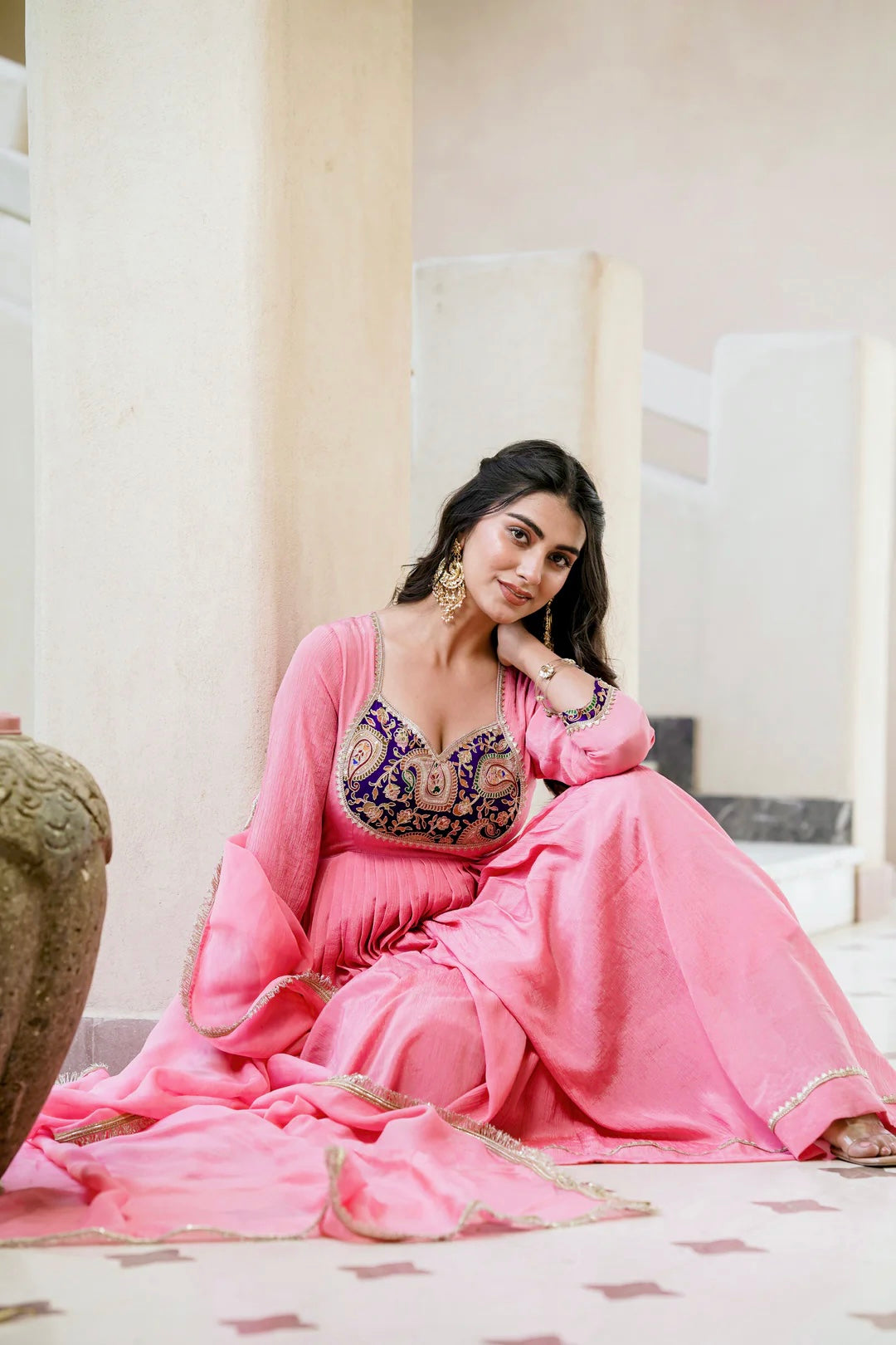 Designer Heavy Crunchy Silk Embroidered Gown Set with Pant & Dupatta