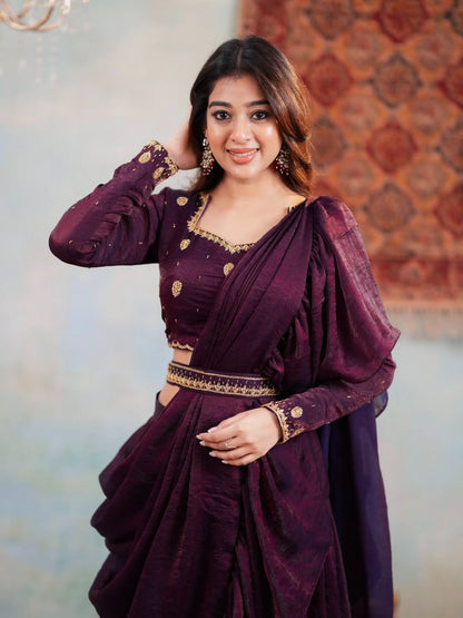 Designer Two Tone Fandy Silk Lehenga Saree with Embroidered Choli, Belt & Attached Dupatta