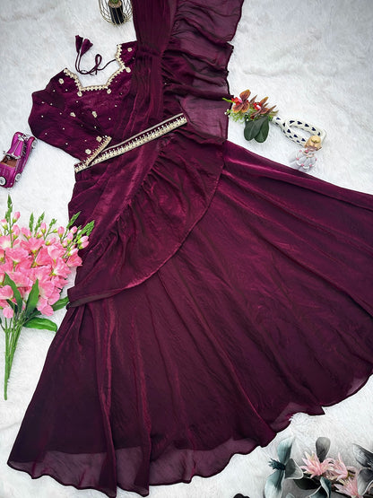 Designer Two Tone Fandy Silk Lehenga Saree with Embroidered Choli, Belt & Attached Dupatta