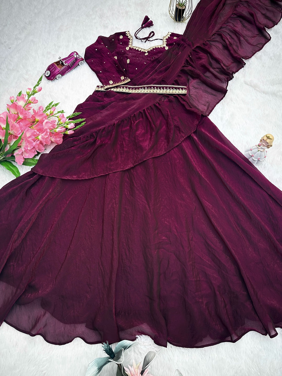 Designer Two Tone Fandy Silk Lehenga Saree with Embroidered Choli, Belt & Attached Dupatta