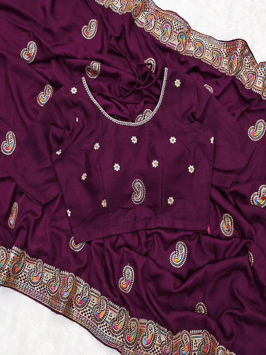 Premium Vichitra Silk Embroidered Zari Work Saree with Matching Blouse